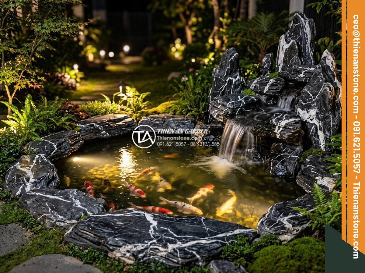 Đá Làm Hồ Cá Koi - Hình 32 Đá Làm Hồ Cá Koi - Koi pond at night with warm garden lighting, illuminated natural stones, koi fis