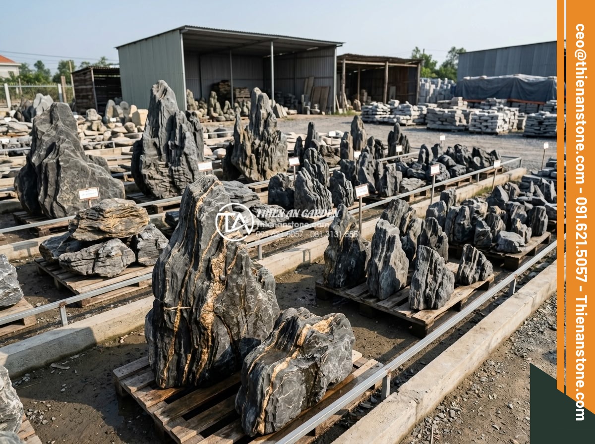 Đá Làm Hồ Cá Koi - Hình 33 Đá Làm Hồ Cá Koi - Stone supplier yard with various natural stones for koi pond displayed and organ