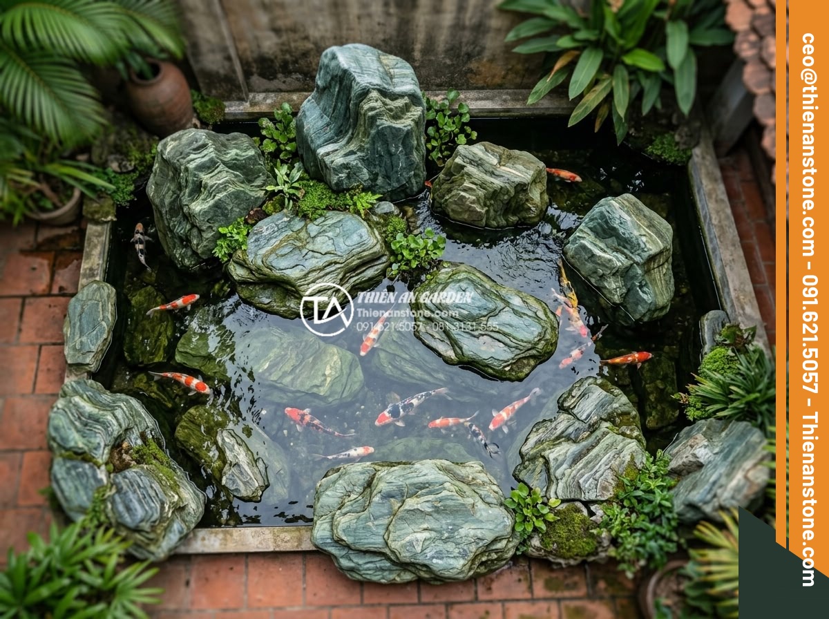 Đá Làm Hồ Cá Koi - Hình 35 Đá Làm Hồ Cá Koi - Koi pond showcasing three different types of natural stone harmoniously combined