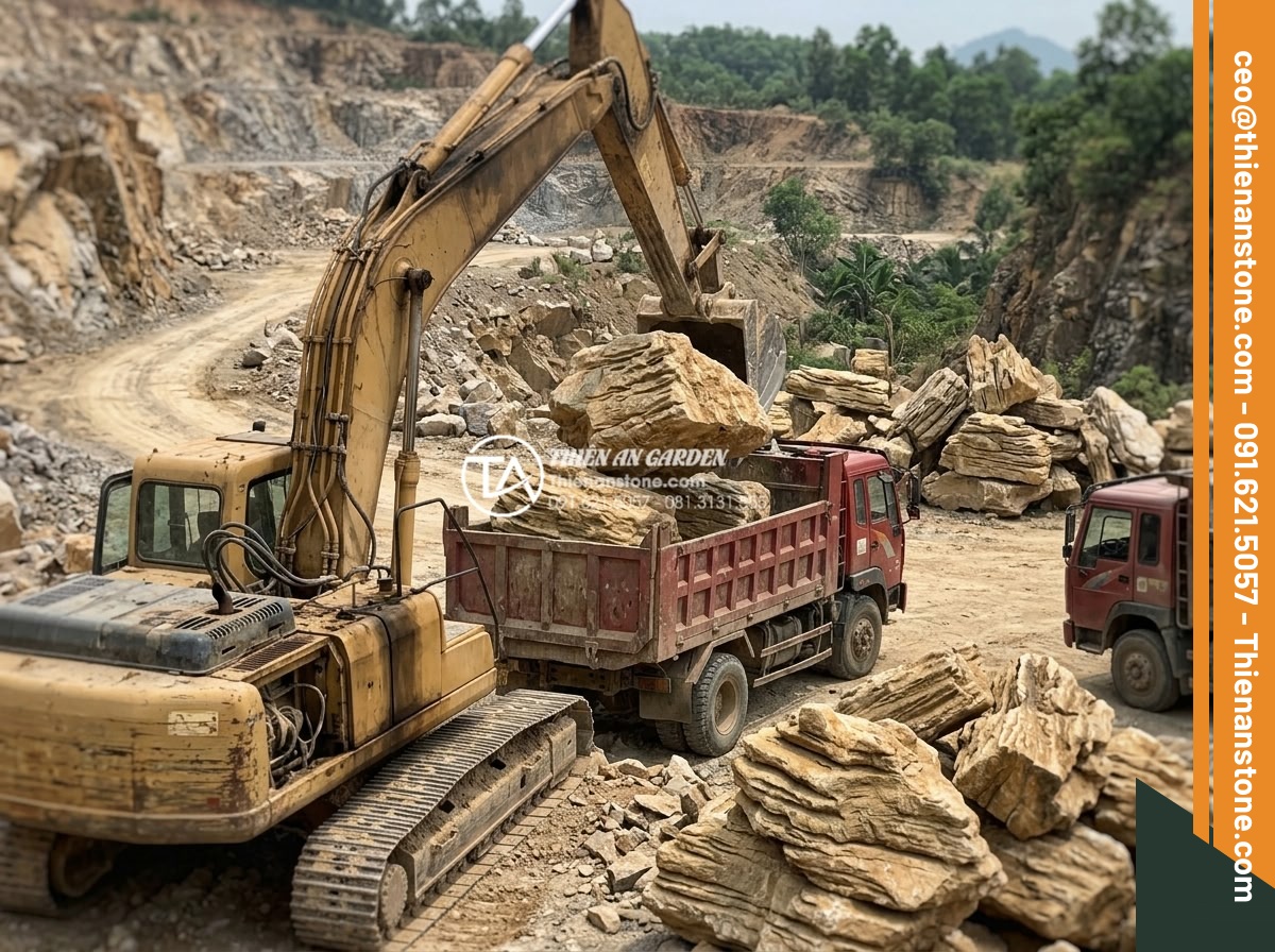 Đá Làm Hồ Cá Koi - Hình 36 Đá Làm Hồ Cá Koi - Workers loading large natural stones onto truck at stone quarry for koi pond pro