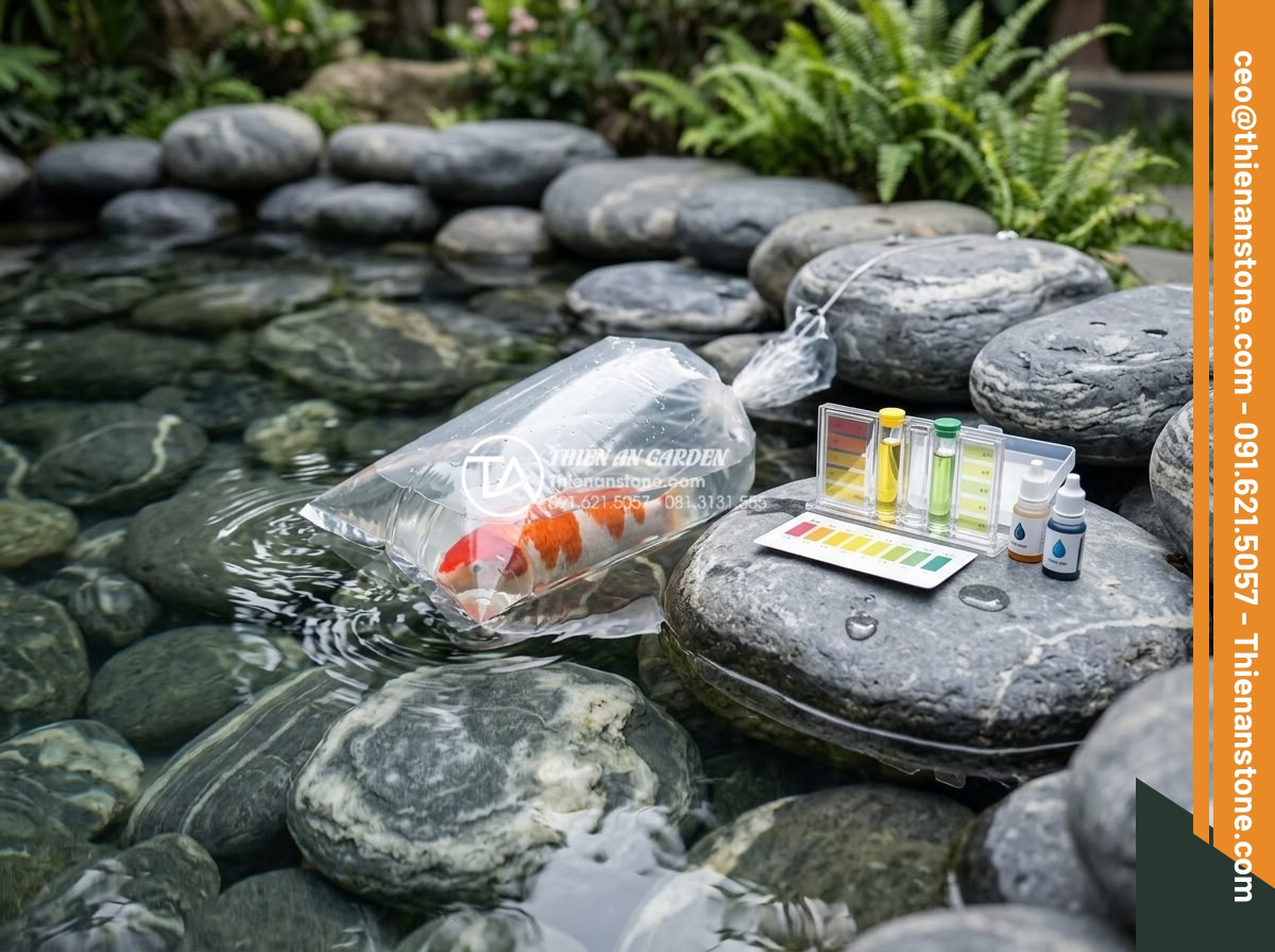 Đá Làm Hồ Cá Koi - Hình 37 Đá Làm Hồ Cá Koi - Crystal clear koi pond water testing process, pH test kit beside pond, first koi
