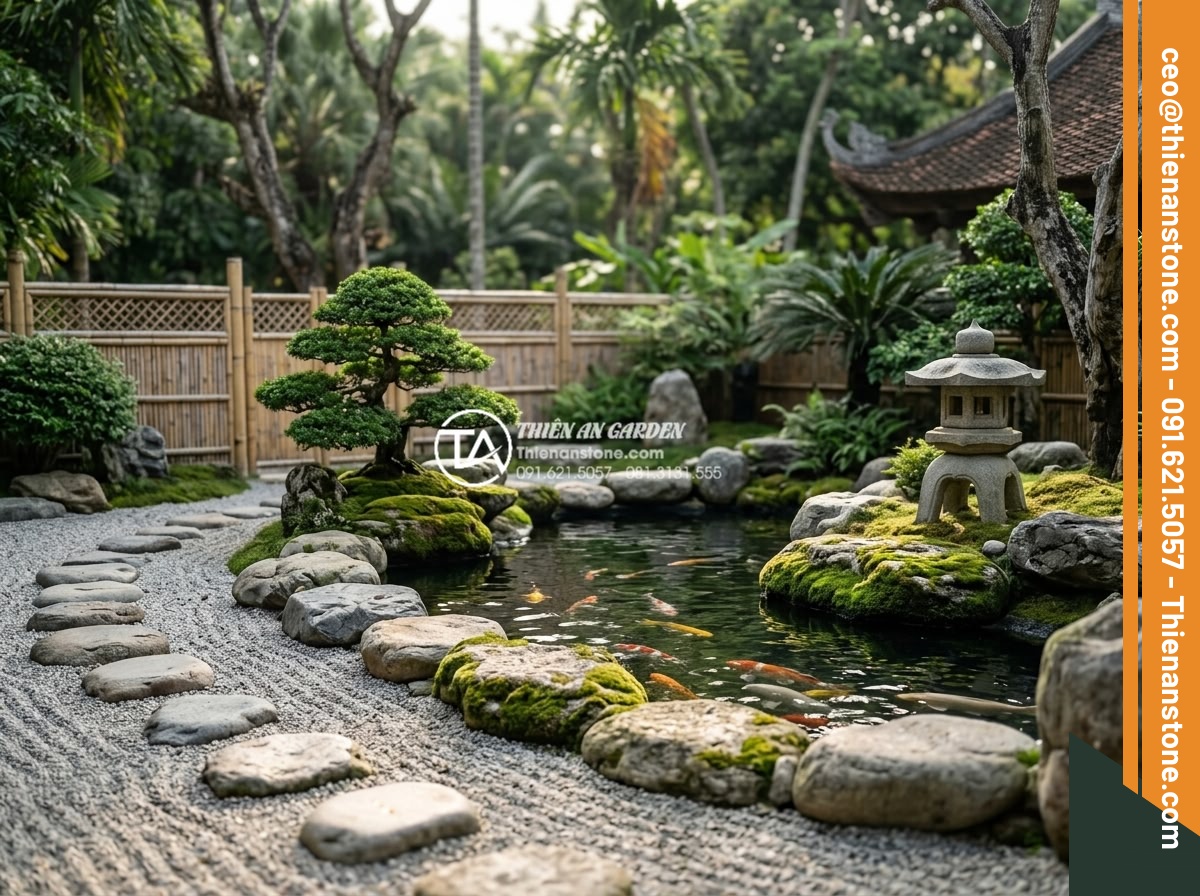 Đá Làm Hồ Cá Koi - Hình 38 Đá Làm Hồ Cá Koi - Traditional Japanese style koi pond with asymmetric stone arrangement, moss-cove