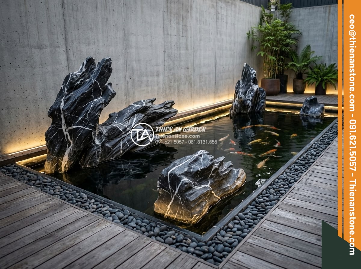 Đá Làm Hồ Cá Koi - Hình 39 Đá Làm Hồ Cá Koi - Modern minimalist koi pond with clean geometric lines, carefully selected statem