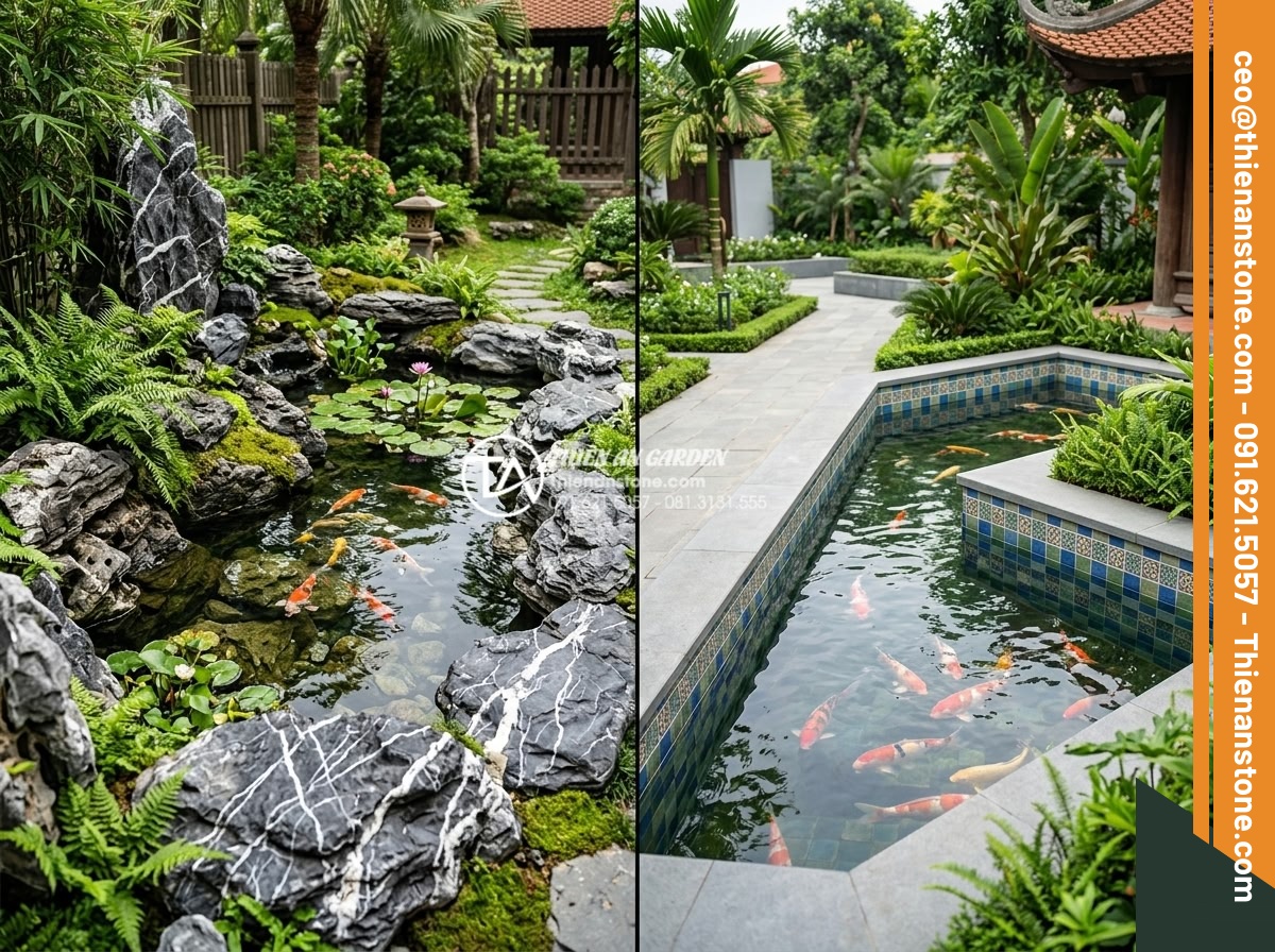 Đá Làm Hồ Cá Koi - Hình 4 Đá Làm Hồ Cá Koi - Comparison between a natural stone koi pond and a tiled koi pond in a garden set