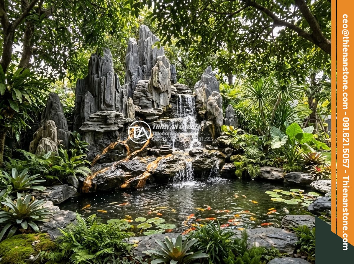 Đá Làm Hồ Cá Koi - Hình 40 Đá Làm Hồ Cá Koi - Tropical style koi pond with abundant natural stones, lush tropical plants aroun