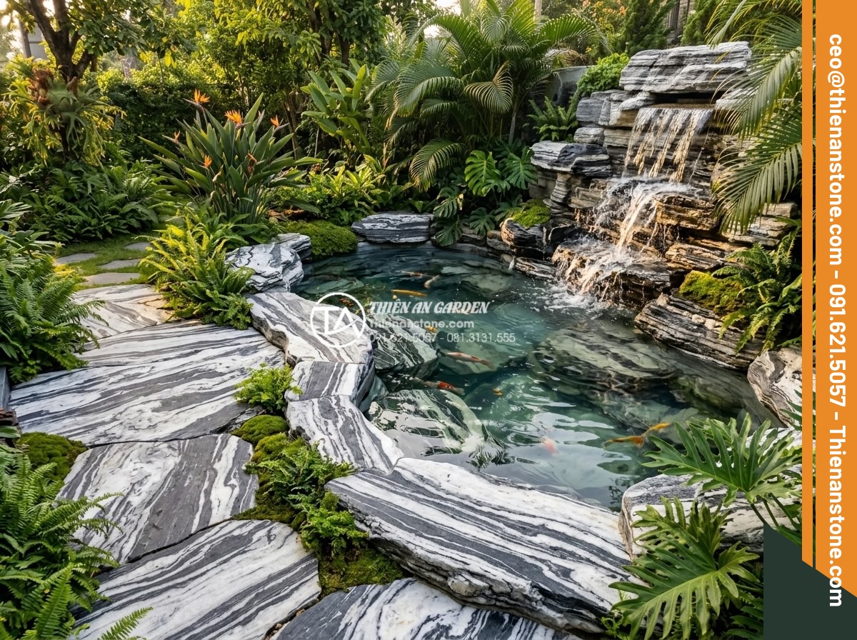 Đá Làm Hồ Cá Koi - Hình 41 Đá Làm Hồ Cá Koi - Transition view showing natural stone seamlessly connecting garden ground to koi