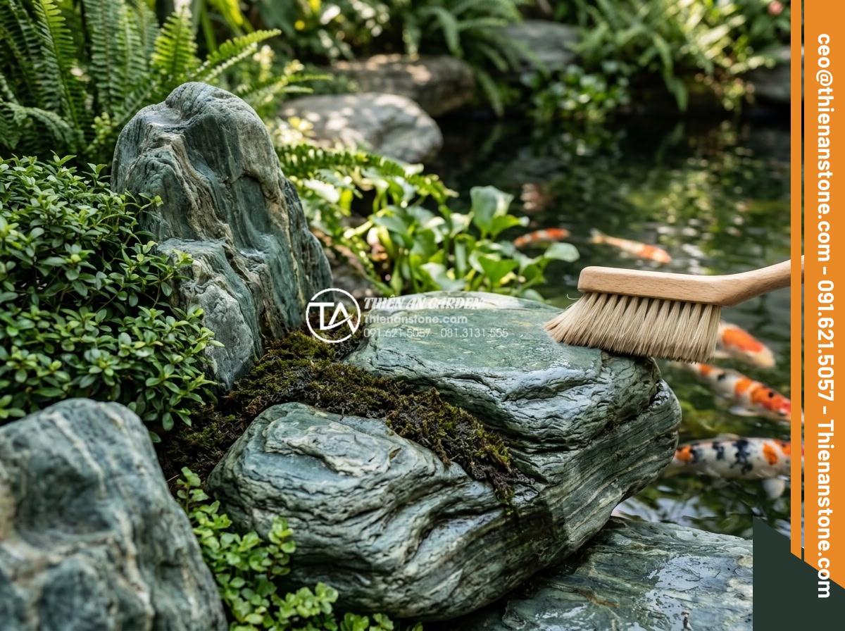 Đá Làm Hồ Cá Koi - Hình 42 Đá Làm Hồ Cá Koi - Garden maintenance worker carefully cleaning natural stones around koi pond with