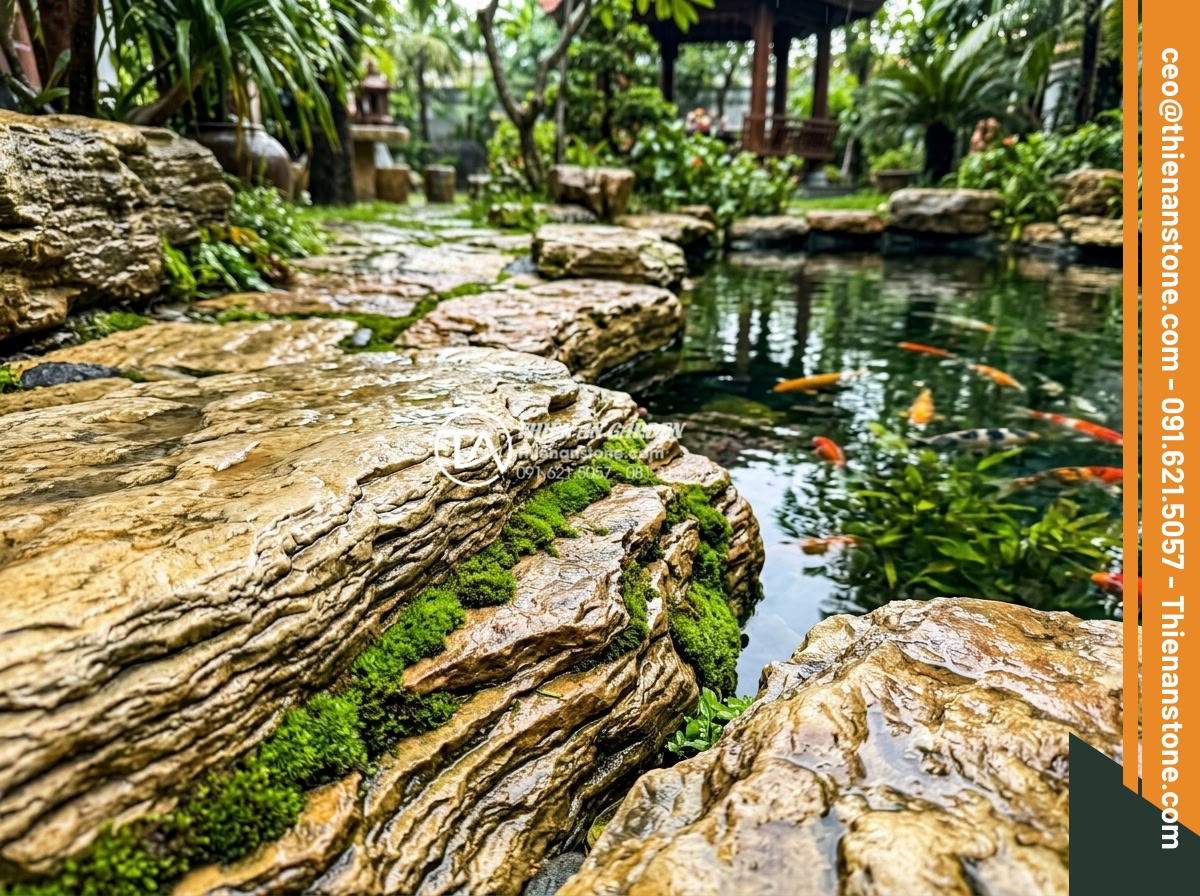 Đá Làm Hồ Cá Koi - Hình 43 Đá Làm Hồ Cá Koi - Freshly rain-washed natural stones around koi pond, vibrant colors, clean stone