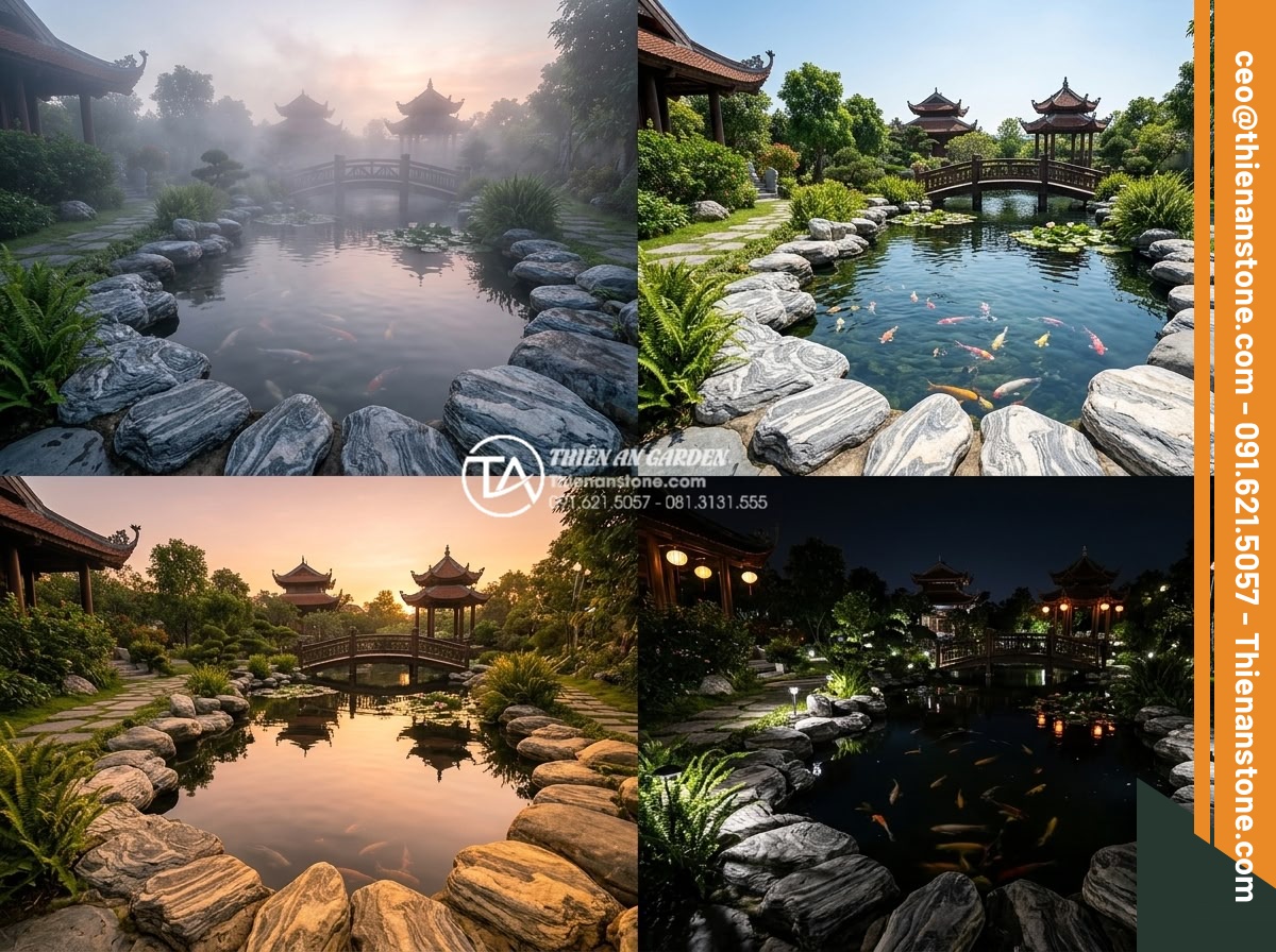 Đá Làm Hồ Cá Koi - Hình 44 Đá Làm Hồ Cá Koi - Four-season time-lapse style composite of a koi pond with natural stones through