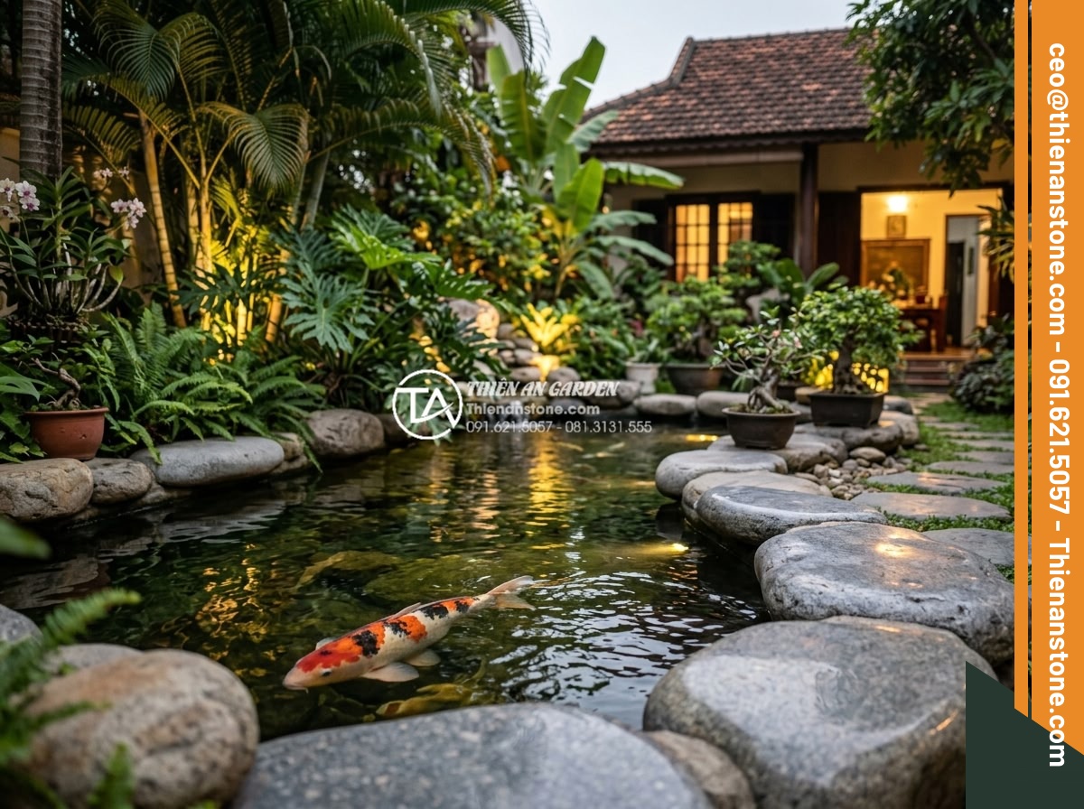 Đá Làm Hồ Cá Koi - Hình 45 Đá Làm Hồ Cá Koi - Family sitting beside their beautiful natural stone koi pond in the evening, war