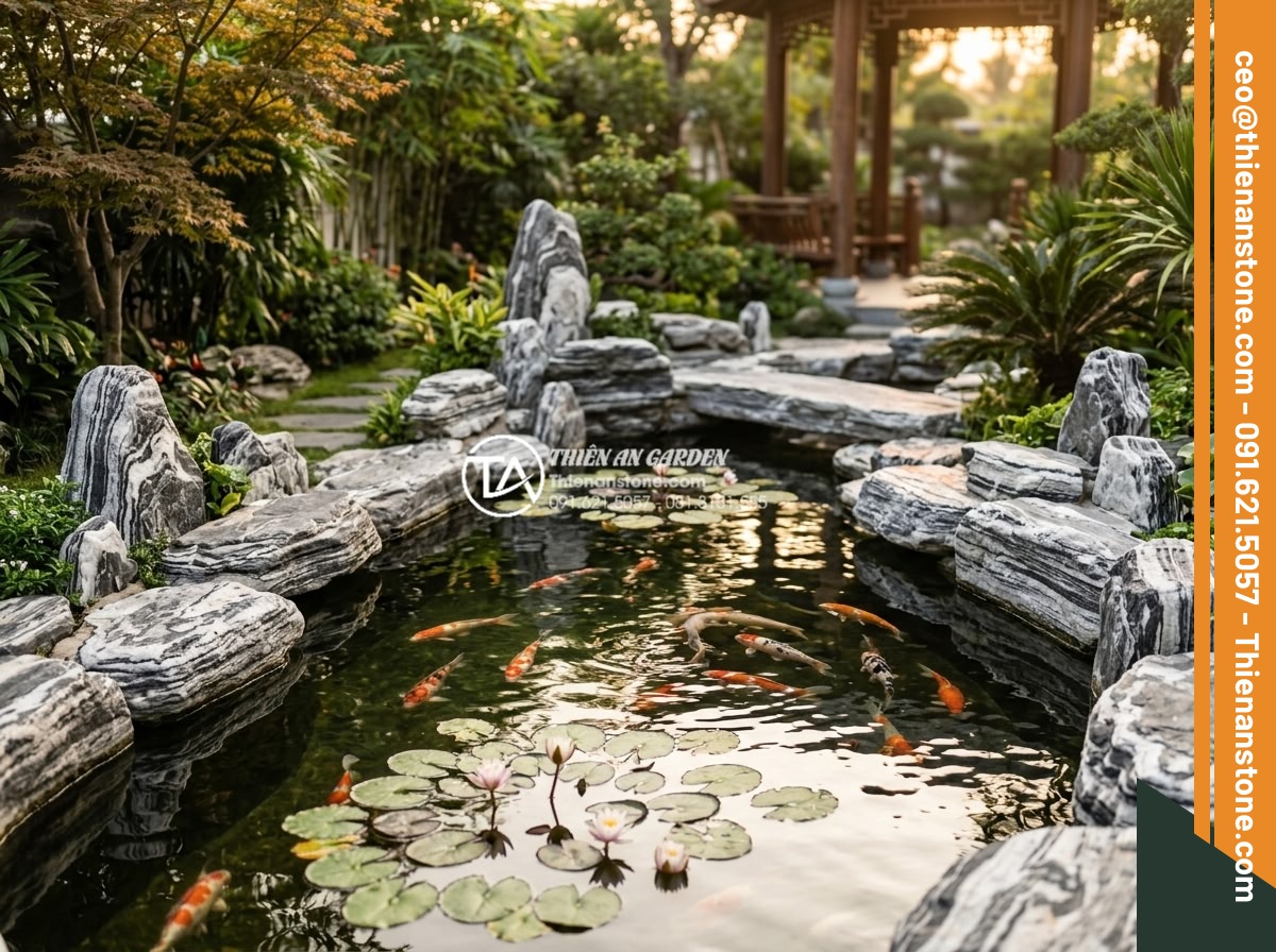 Đá Làm Hồ Cá Koi - Hình 6 Đá Làm Hồ Cá Koi - Feng shui koi pond with carefully arranged natural stones, balanced layout, wate