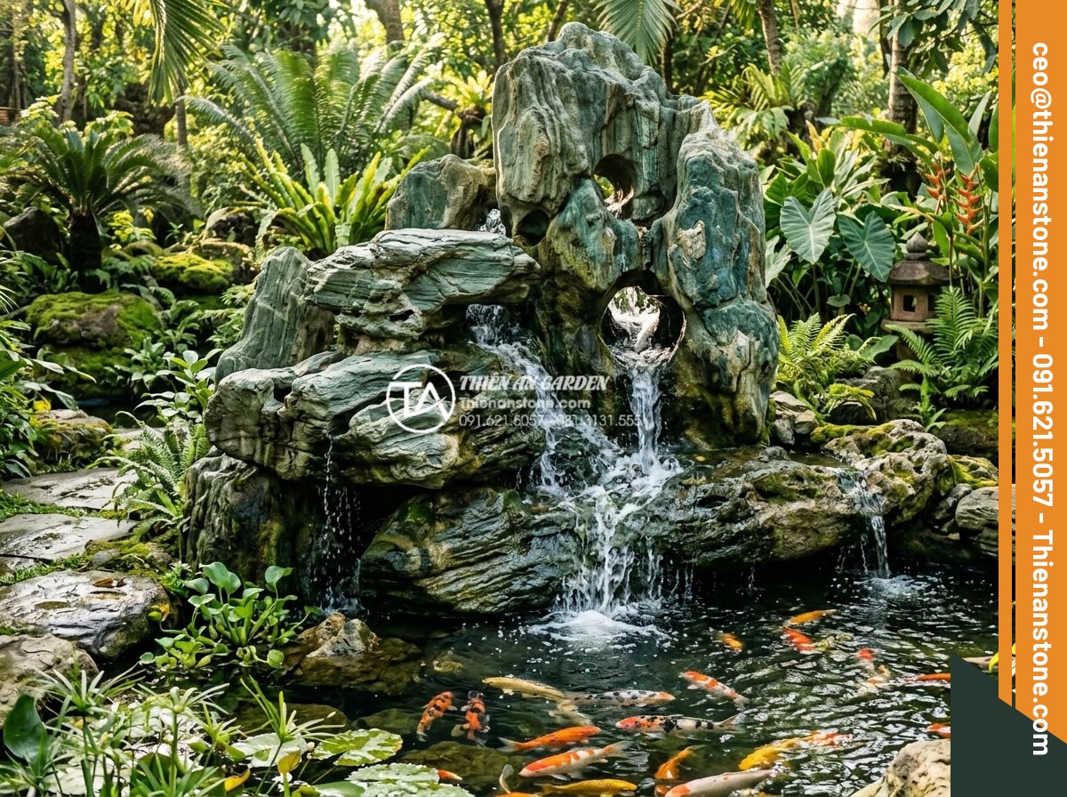 Đá Làm Hồ Cá Koi - Hình 7 Đá Làm Hồ Cá Koi - Weathered ancient stone with natural holes and crevices arranged as koi pond wat