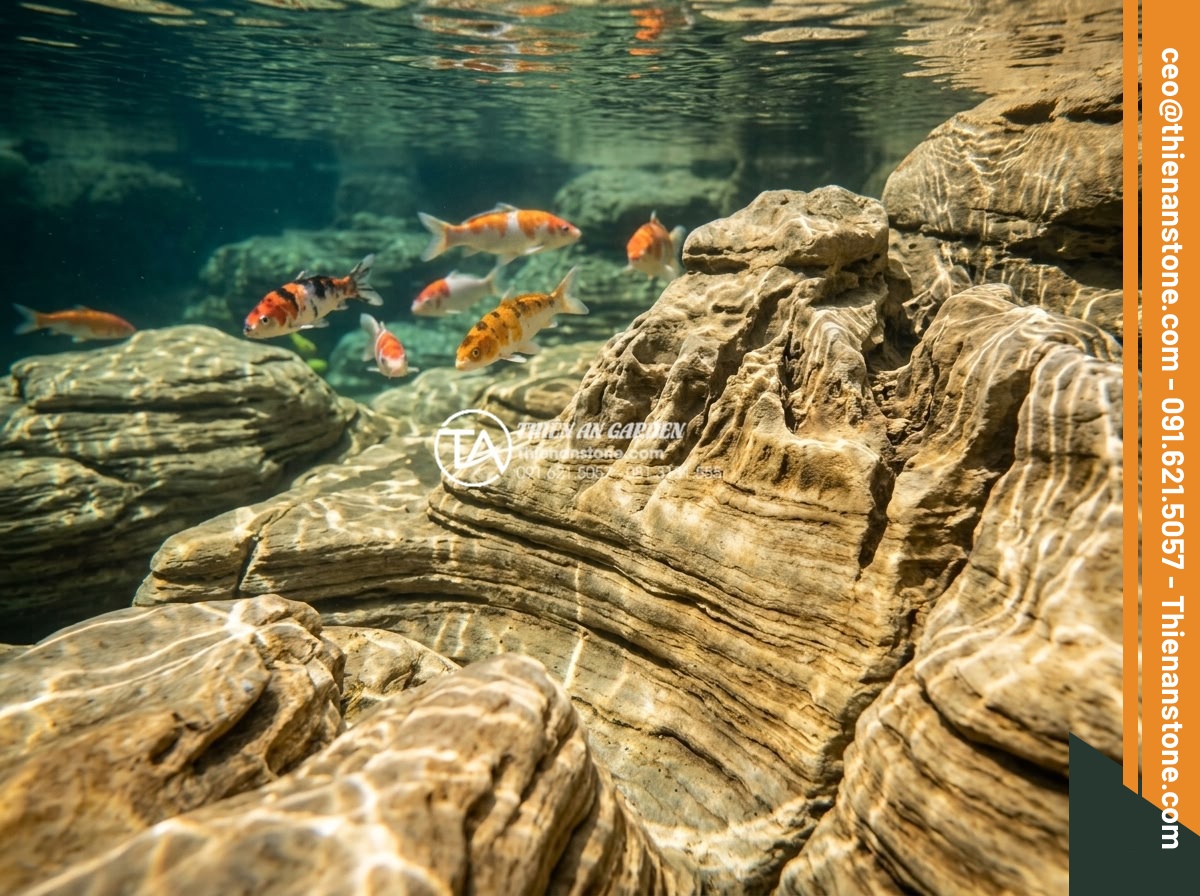 Đá Làm Hồ Cá Koi - Hình 8 Đá Làm Hồ Cá Koi - Smooth river pebbles in various natural colors lining the bottom of a clear koi