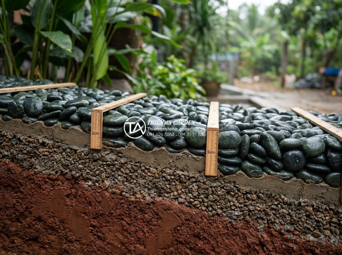 Đá Lát Sân - Hình 17 Đá Lát Sân - Cross-section photography showing different stone paving thicknesses from 2cm to