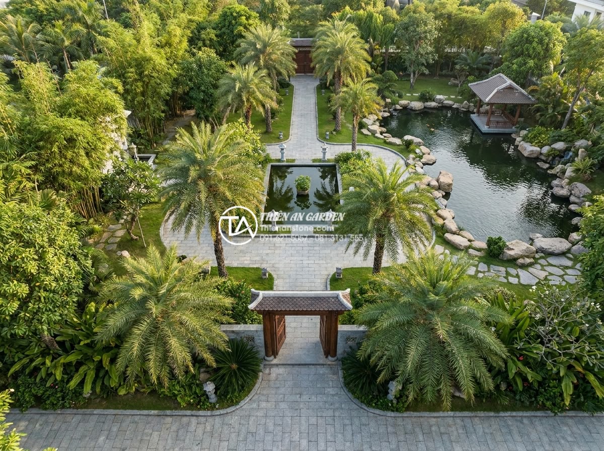 Đá Lát Sân - Hình 39 Đá Lát Sân - Panoramic view of complete luxury garden landscape showing stone paving journey