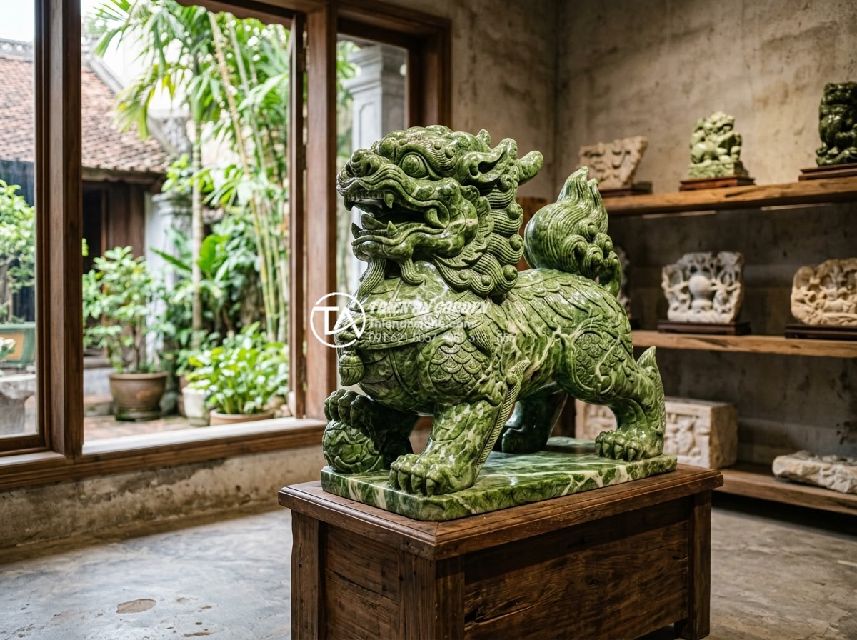 Đá Mỹ Nghệ - Person carefully inspecting details of a finished stone sculpture, running finge