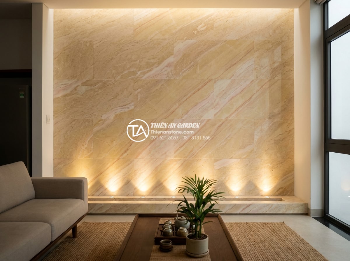 Đá Ốp Tường - Hình 12 Đá Ốp Tường - Interior feature wall clad with dark slate stone, dramatic LED uplighting creati