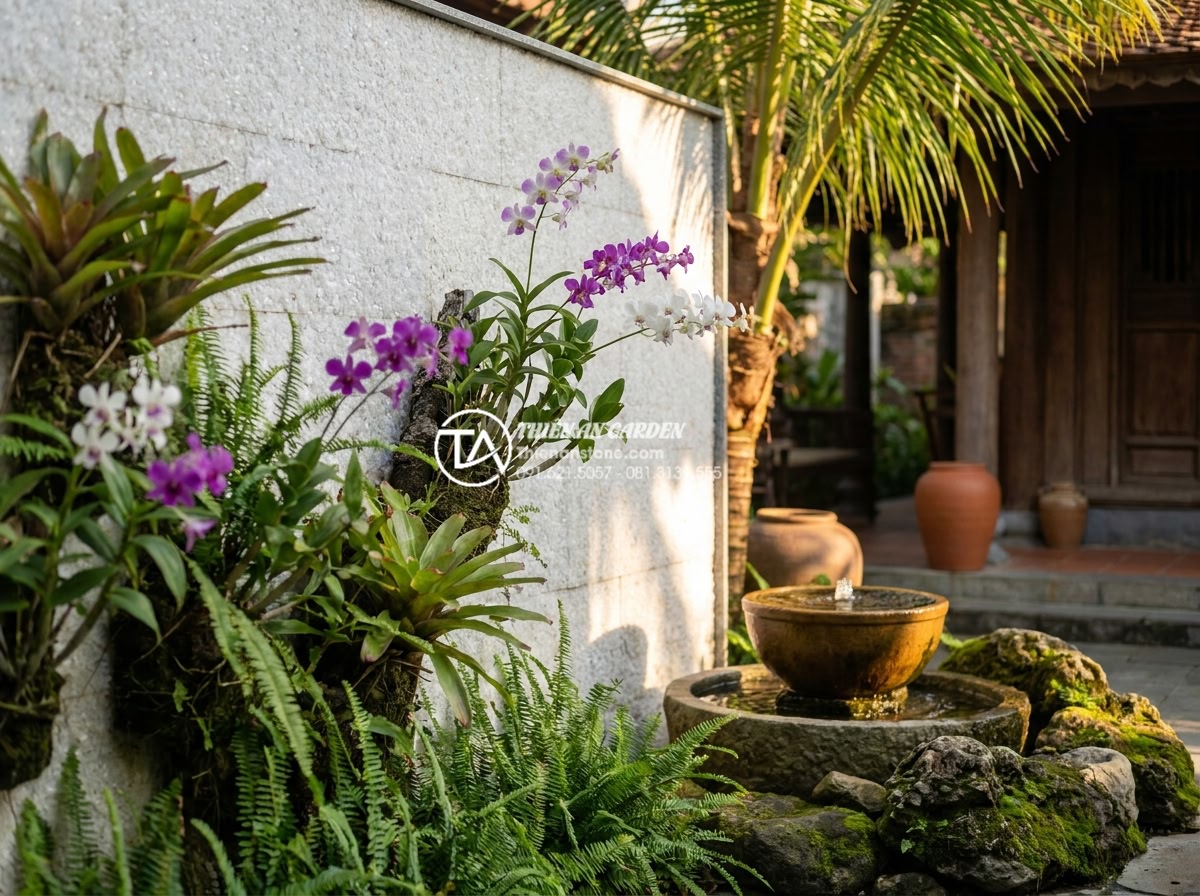 Đá Ốp Tường - Hình 14 Đá Ốp Tường - Warm sandstone wall cladding in a tropical resort courtyard, natural warm tones