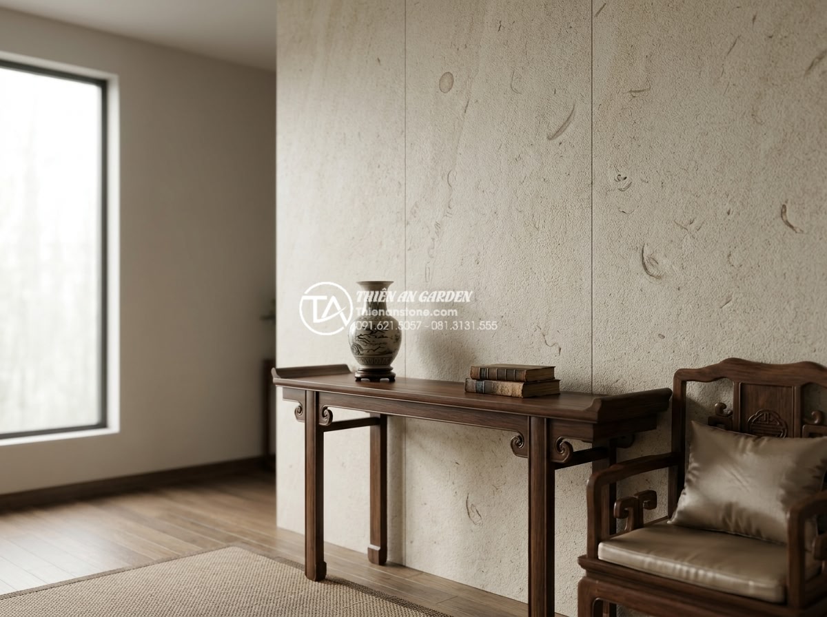 Đá Ốp Tường - Hình 16 Đá Ốp Tường - Elegant limestone wall cladding in a classical interior setting, soft cream tone