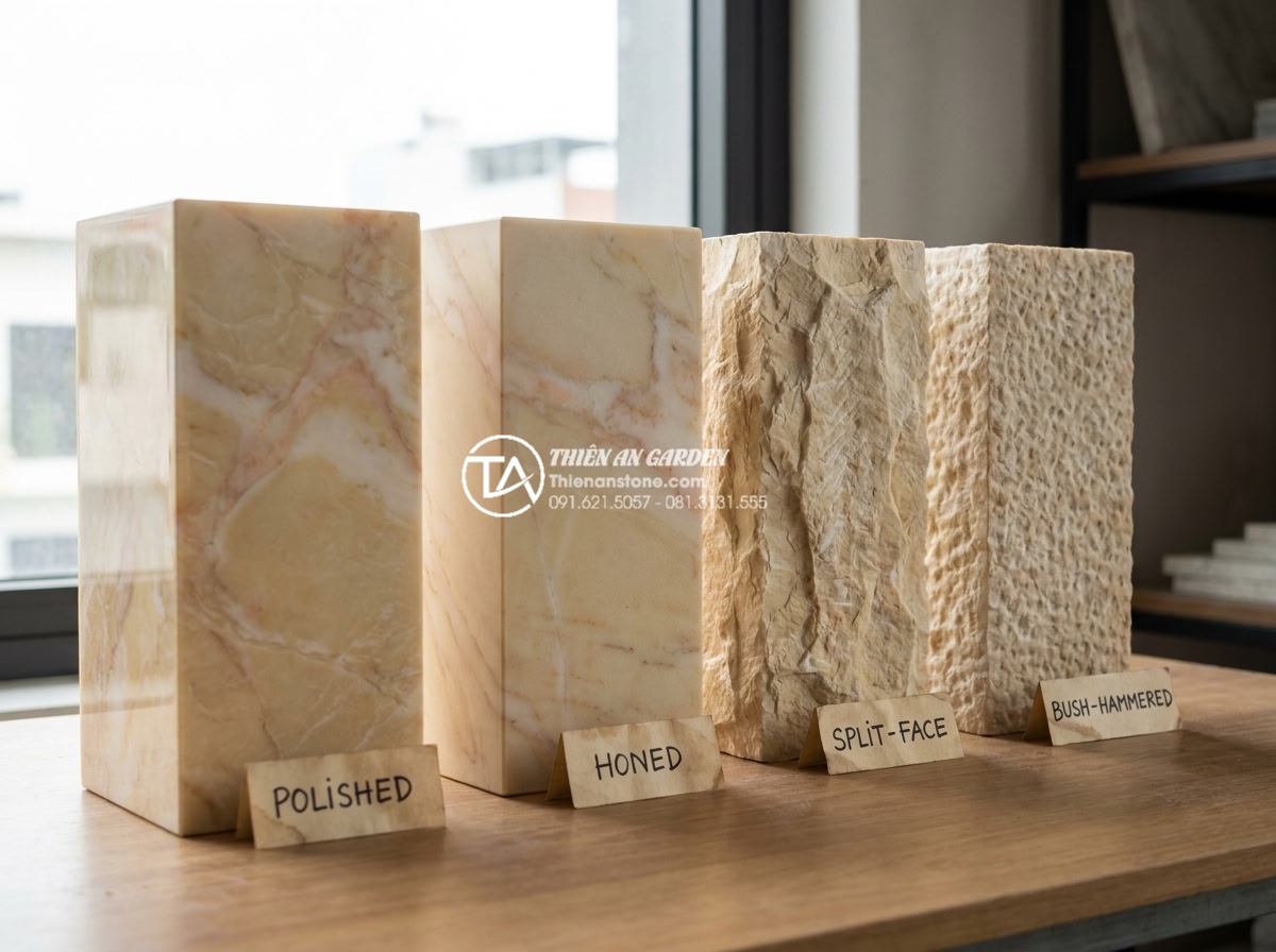 Đá Ốp Tường - Hình 17 Đá Ốp Tường - Educational layout showing four different stone surface finishes side by side -