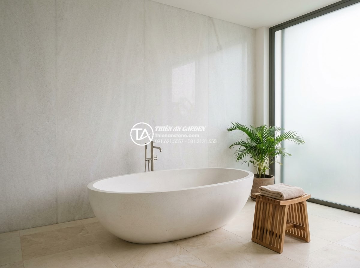 Đá Ốp Tường - Hình 19 Đá Ốp Tường - Honed natural stone wall in a luxury master bathroom, soft even lighting, freest