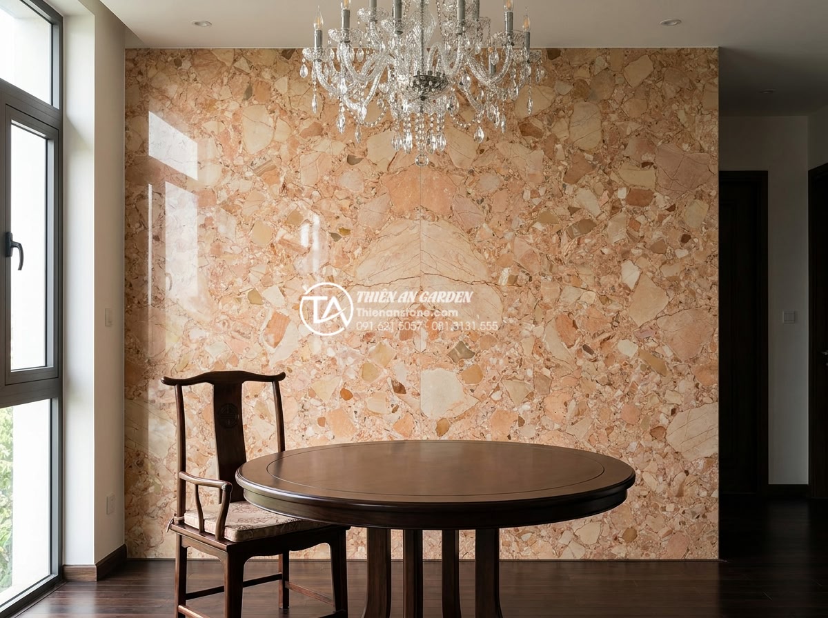 Đá Ốp Tường - Hình 20 Đá Ốp Tường - Polished marble wall panel in a luxury dining room, dramatic veining patterns vi