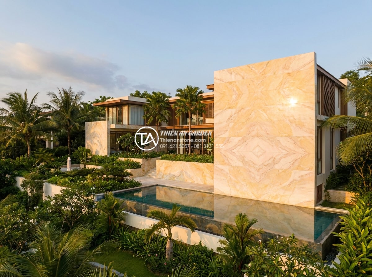 Đá Ốp Tường - Hình 22 Đá Ốp Tường - Wide angle view of a luxury villa with natural stone feature walls visible in mu