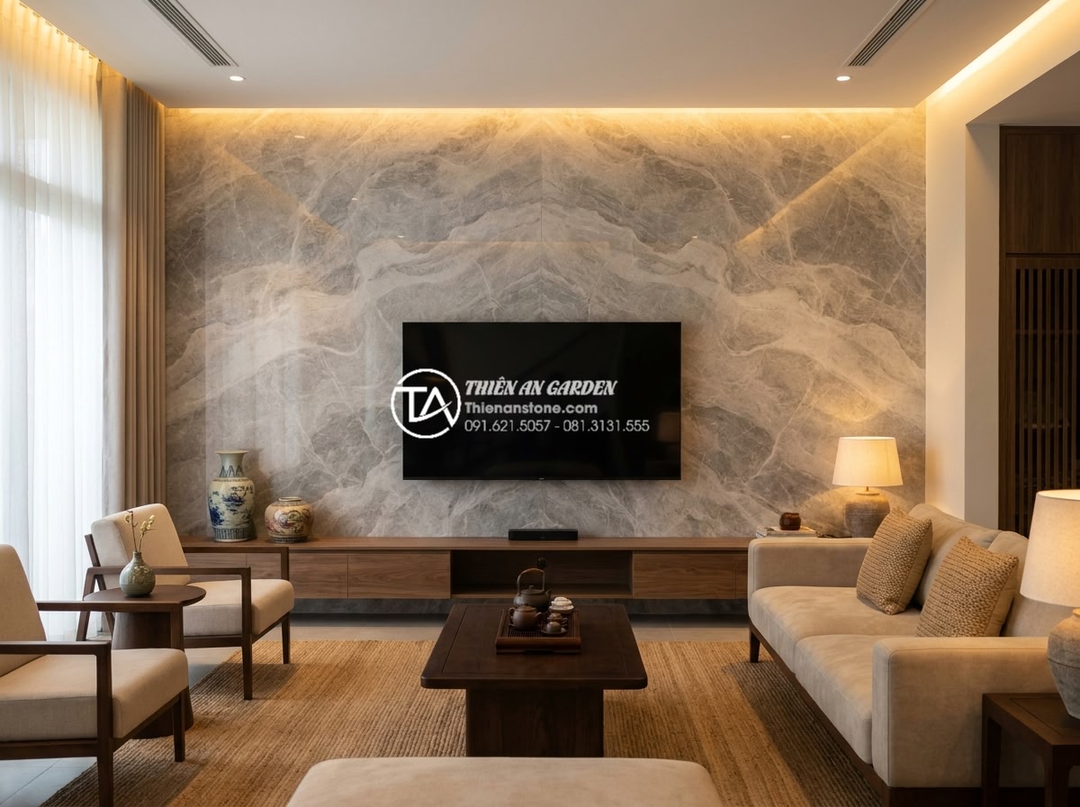 Đá Ốp Tường - Hình 23 Đá Ốp Tường - Luxury living room with natural stone accent wall behind large flat screen TV, s