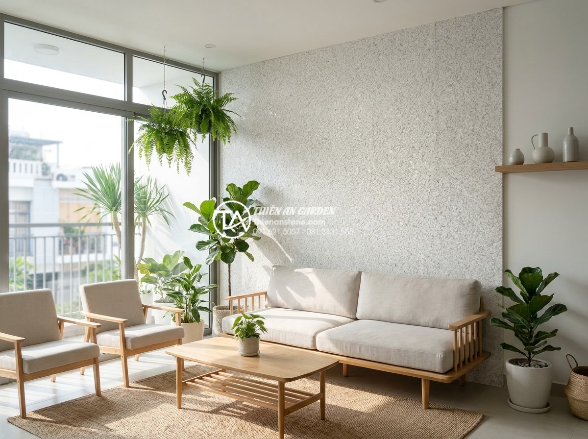 Đá Ốp Tường - Hình 24 Đá Ốp Tường - Bright modern living room with light-colored honed limestone accent wall, natura