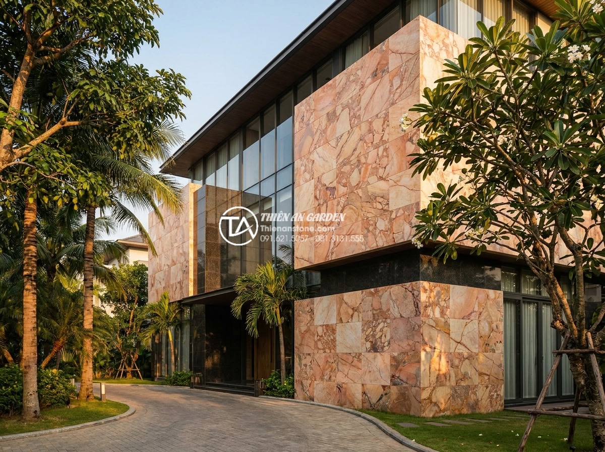 Đá Ốp Tường - Hình 25 Đá Ốp Tường - Modern luxury villa exterior with natural stone cladding on facade, combination