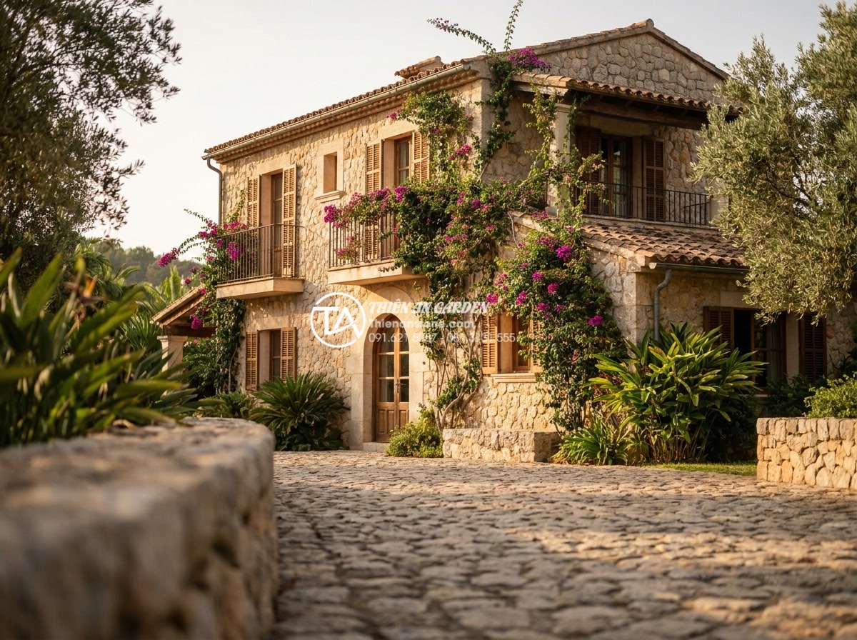 Đá Ốp Tường - Hình 26 Đá Ốp Tường - Mediterranean style house with warm sandstone wall cladding exterior, terracotta