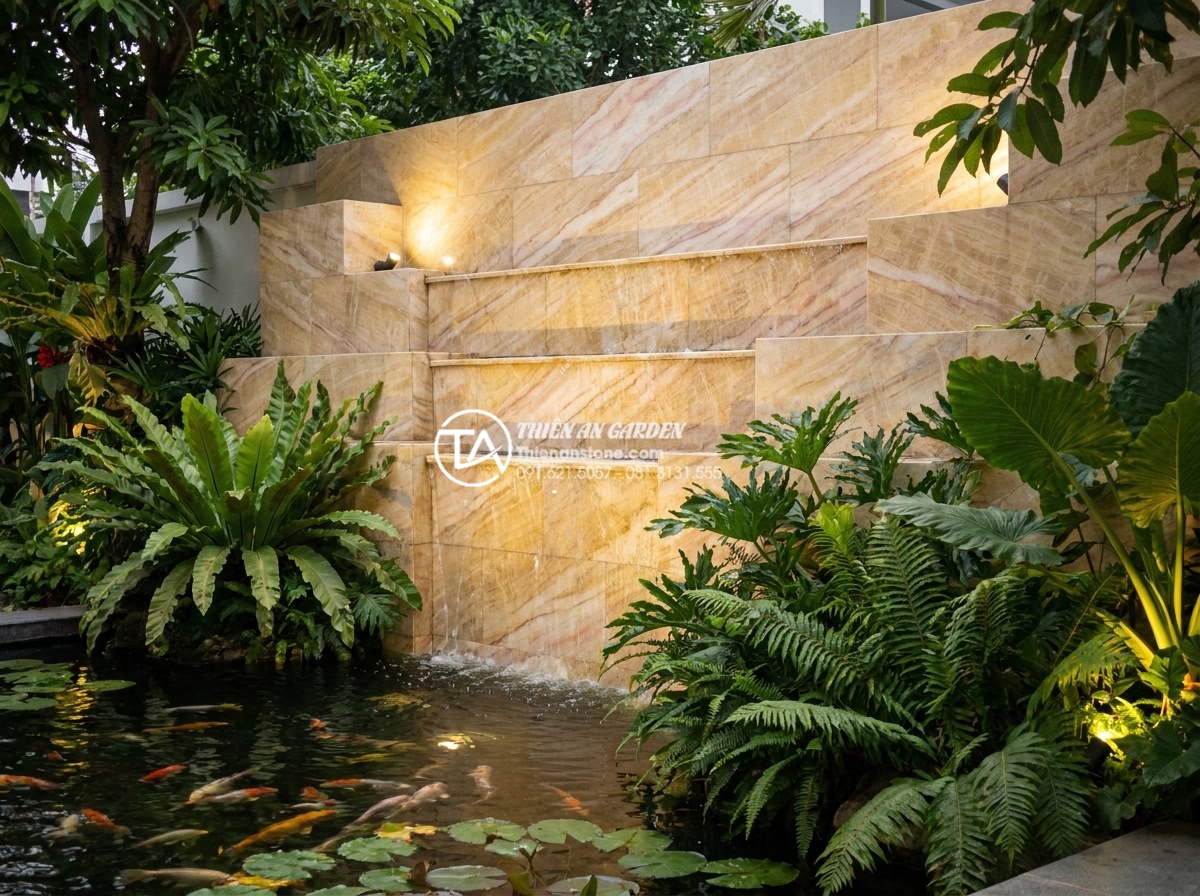 Đá Ốp Tường - Hình 27 Đá Ốp Tường - Natural stone garden wall with integrated water feature, water cascading down te
