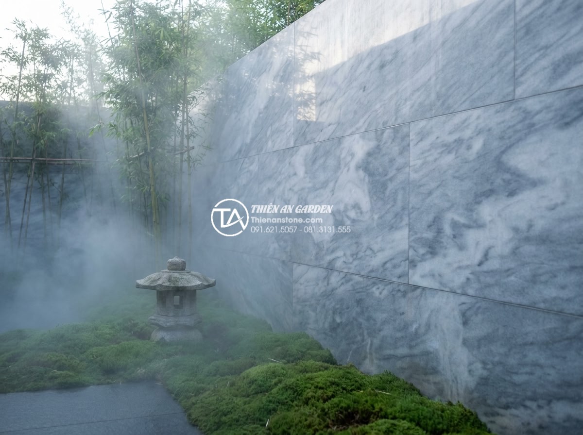 Đá Ốp Tường - Hình 28 Đá Ốp Tường - Stone wall in a Japanese-inspired garden setting with bamboo, manicured ground c