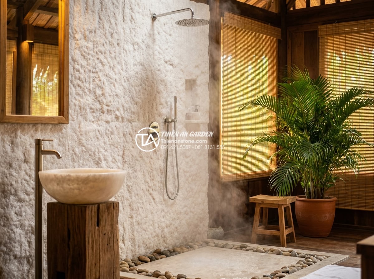 Đá Ốp Tường - Hình 29 Đá Ốp Tường - Luxury spa-like bathroom with natural stone wall behind walk-in rainfall shower,