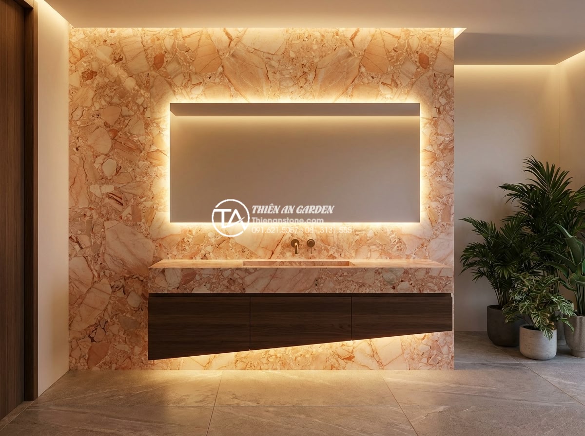 Đá Ốp Tường - Hình 30 Đá Ốp Tường - Natural stone accent wall in master bathroom with backlit mirror, floating vanit