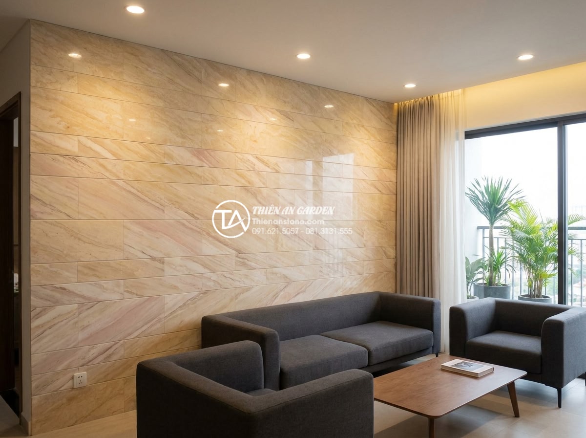 Đá Ốp Tường - Hình 32 Đá Ốp Tường - Stacked ledge stone wall cladding in a modern living room, clean horizontal line