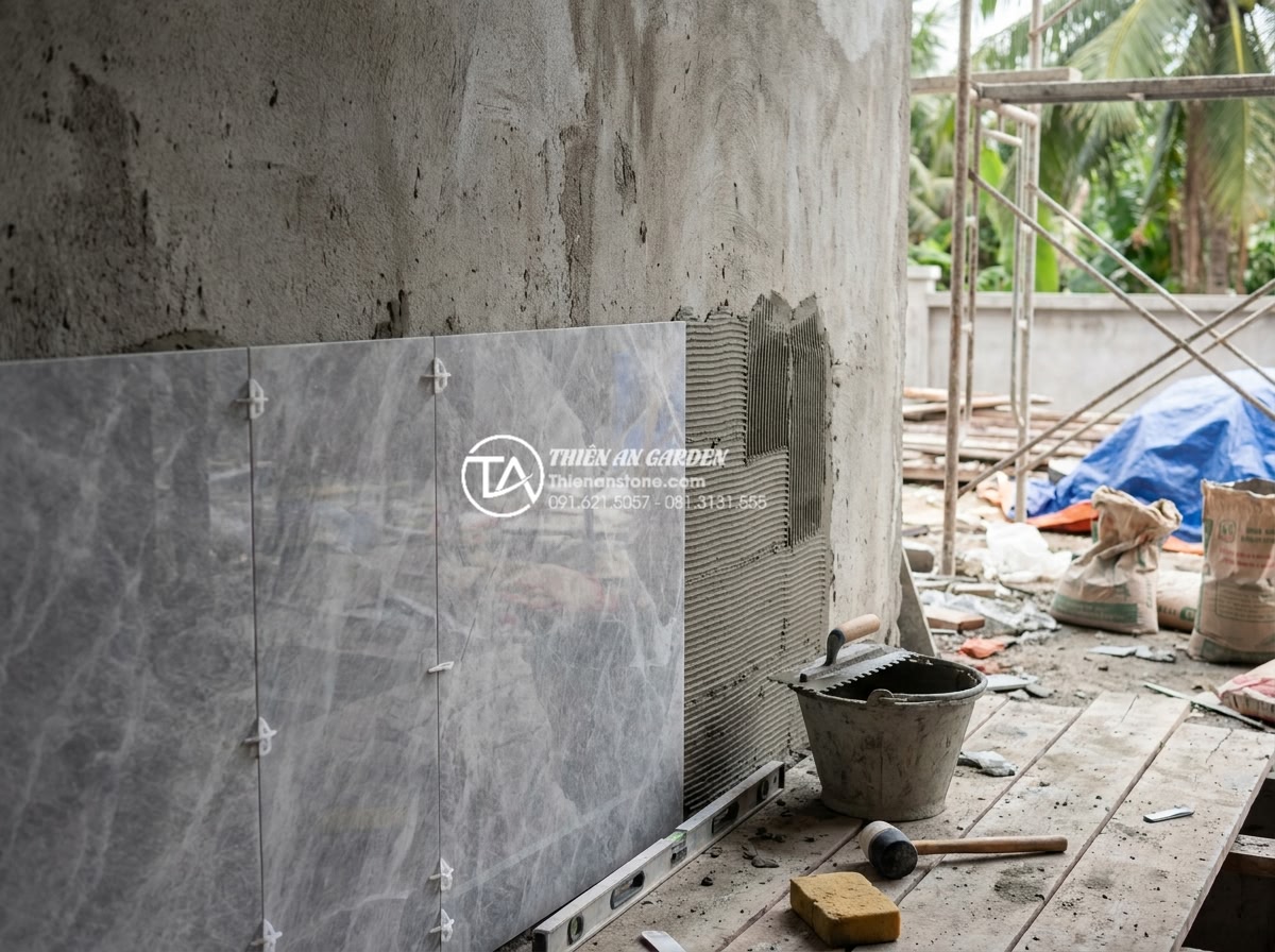 Đá Ốp Tường - Hình 33 Đá Ốp Tường - Installation process of natural stone panel wall cladding, craftsman applying ad
