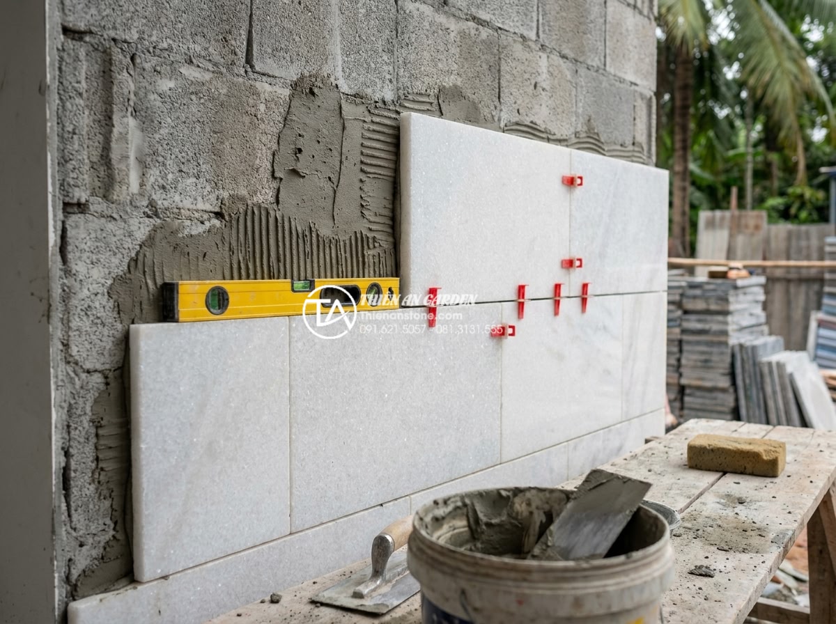 Đá Ốp Tường - Hình 34 Đá Ốp Tường - Professional stone mason installing natural stone cladding on prepared wall surf