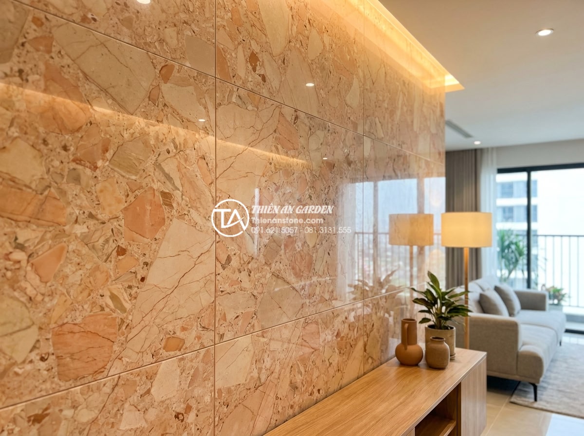 Đá Ốp Tường - Hình 35 Đá Ốp Tường - Completed natural stone wall cladding showing perfect grout lines and stone arra