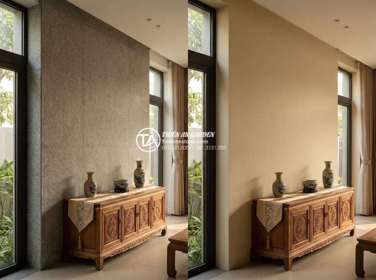 Đá Ốp Tường - Hình 36 Đá Ốp Tường - Comparison lifestyle photograph showing natural stone wall versus painted wall i