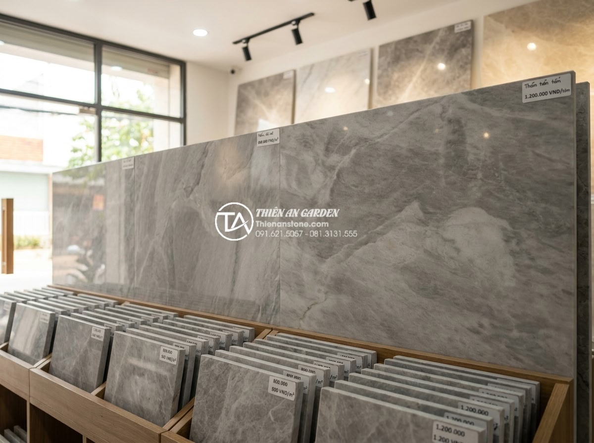 Đá Ốp Tường - Hình 38 Đá Ốp Tường - Natural stone wall cladding showroom display with various stone types and finish