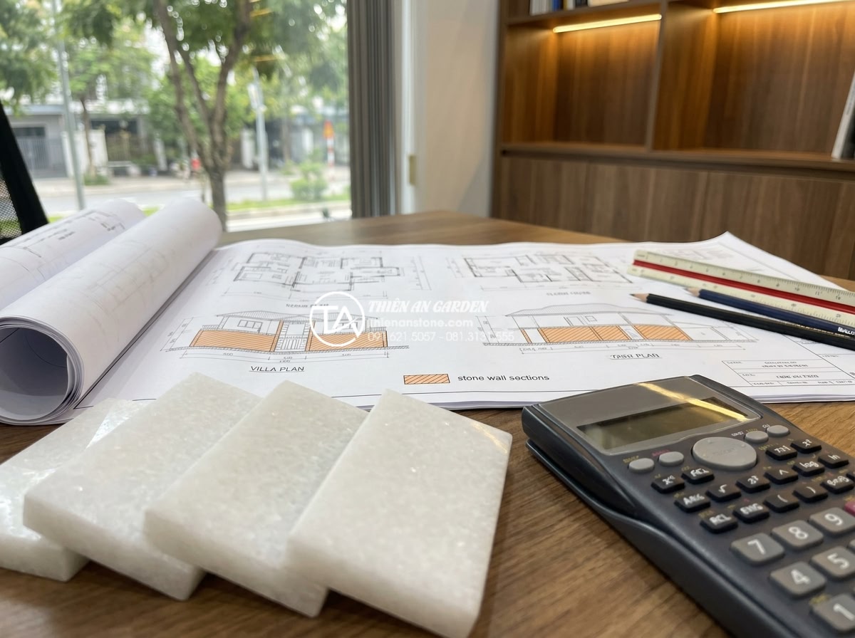Đá Ốp Tường - Hình 39 Đá Ốp Tường - Calculator and stone samples on a desk, architectural blueprints of a villa with