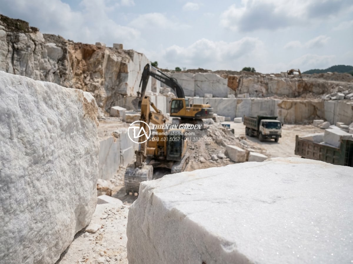 Đá Ốp Tường - Hình 4 Đá Ốp Tường - Documentary style photography of a stone quarry with large natural stone blocks