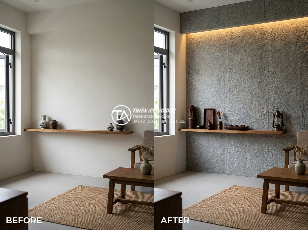 Đá Ốp Tường - Hình 41 Đá Ốp Tường - Before and after comparison of a room with plain painted wall versus natural sto