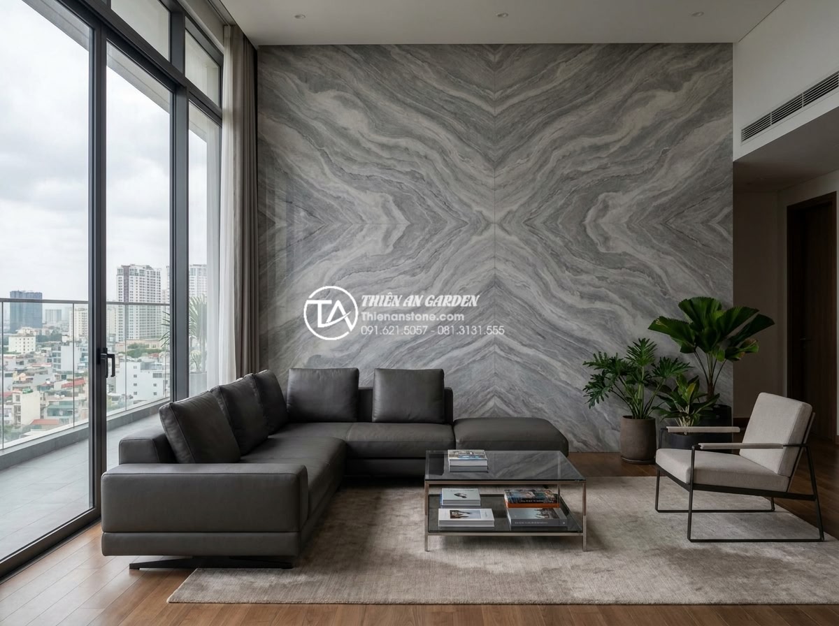 Đá Ốp Tường - Hình 43 Đá Ốp Tường - Stunning bookmatched marble wall cladding in a penthouse living room, symmetrica