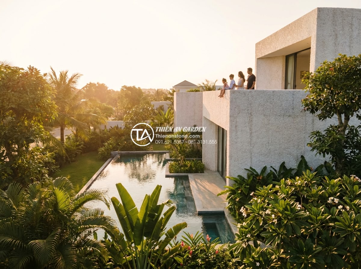 Đá Ốp Tường - Hình 47 Đá Ốp Tường - Poetic wide shot of a completed luxury home with natural stone walls visible fro