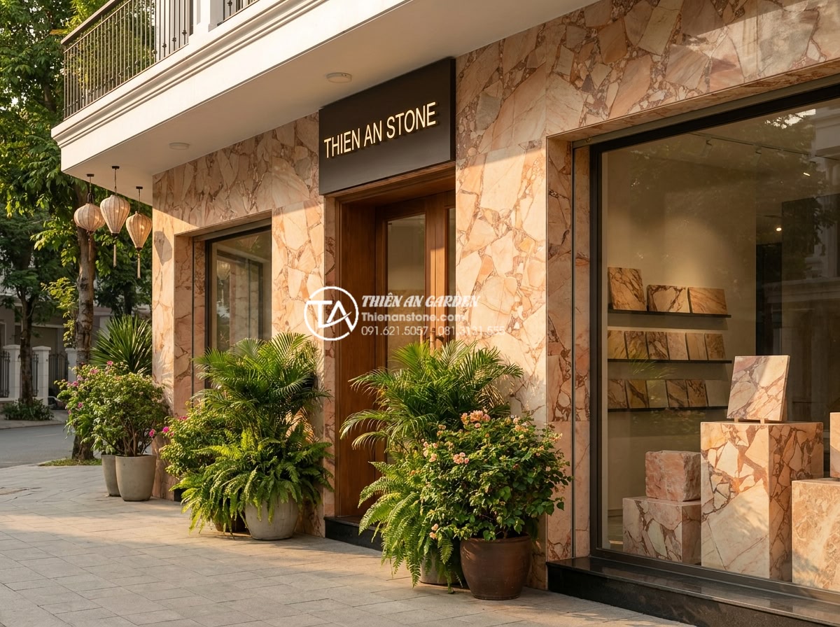 Đá Ốp Tường - Hình 48 Đá Ốp Tường - Warm inviting photograph of Thien An Stone showroom exterior, natural stone disp