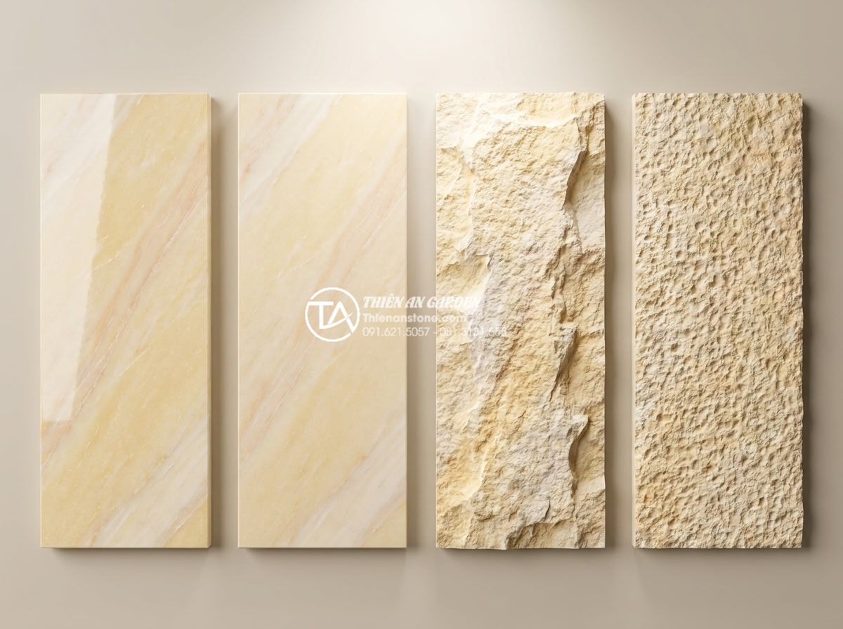 Đá Ốp Tường - Hình 7 Đá Ốp Tường - Side-by-side comparison of different natural stone wall cladding finishes includ