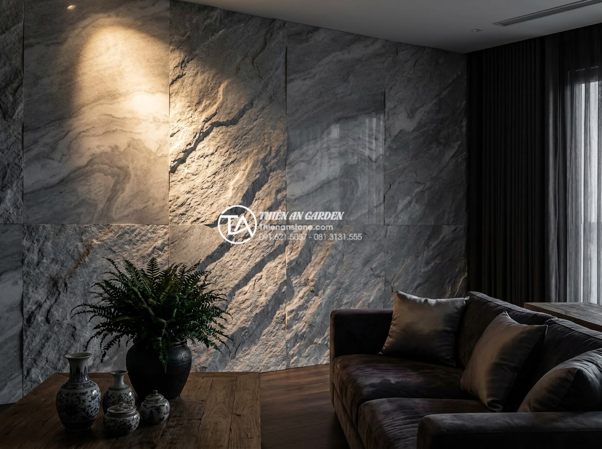 Đá Ốp Tường - Hình 8 Đá Ốp Tường - Dramatic lighting study on natural split-face stone wall cladding showing light