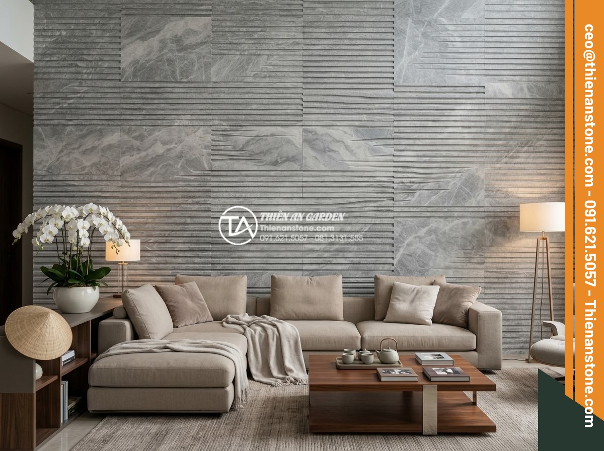 Đá Răng Lược - Hình 18 Đá Răng Lược - Honed finish comb stone wall cladding in a luxury house living room accent wall,